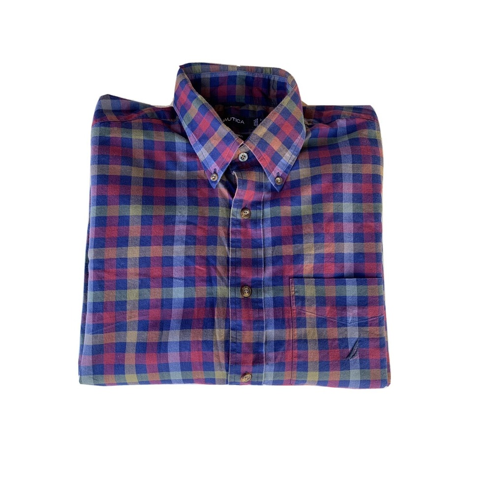 Nautica Traveler Shirt  Mens Large Button Down ‎  Colorful Plaid Chest Pocket